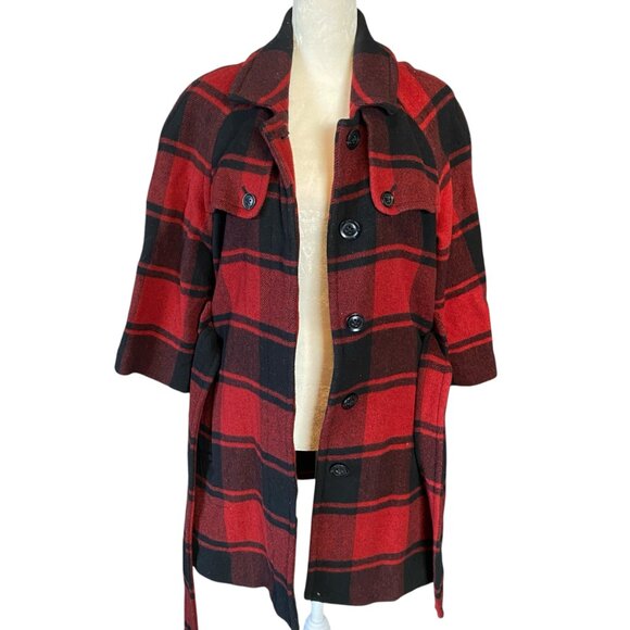Gap red black plaid flannel mid length button down collared 3/4 sleeve coat M - Picture 7 of 10